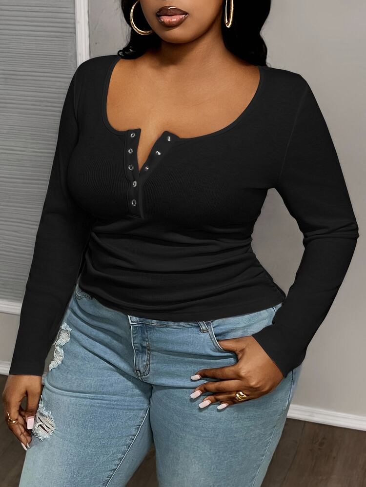 Slaydiva Plus Size Casual All-Match White Slim Fit With Deep U-Neck Long Sleeve T Shirt-C Fall - Black - View 4