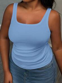 Slaydiva Women Plus Size Basic Deep V-Neck Sleeveless Slim Fit Ribbed Ruched Side Camisole Tank Top, White Semi-Sheer - Baby Blue - View 2