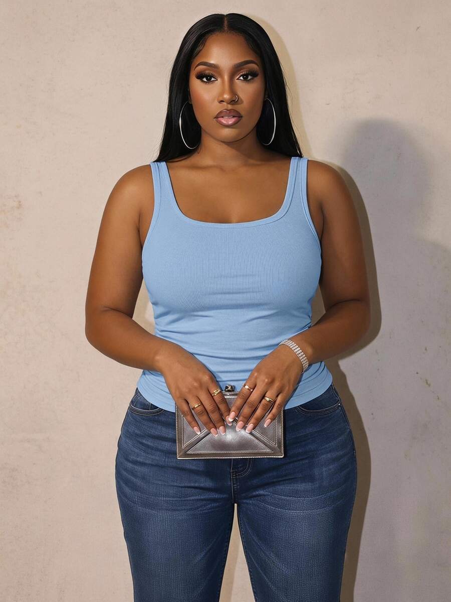 Slaydiva Women Plus Size Basic Deep V-Neck Sleeveless Slim Fit Ribbed Ruched Side Camisole Tank Top, White Semi-Sheer - Baby Blue - View 1