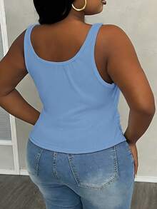 Slaydiva Women Plus Size Basic Deep V-Neck Sleeveless Slim Fit Ribbed Ruched Side Camisole Tank Top, White Semi-Sheer - Baby Blue - View 6