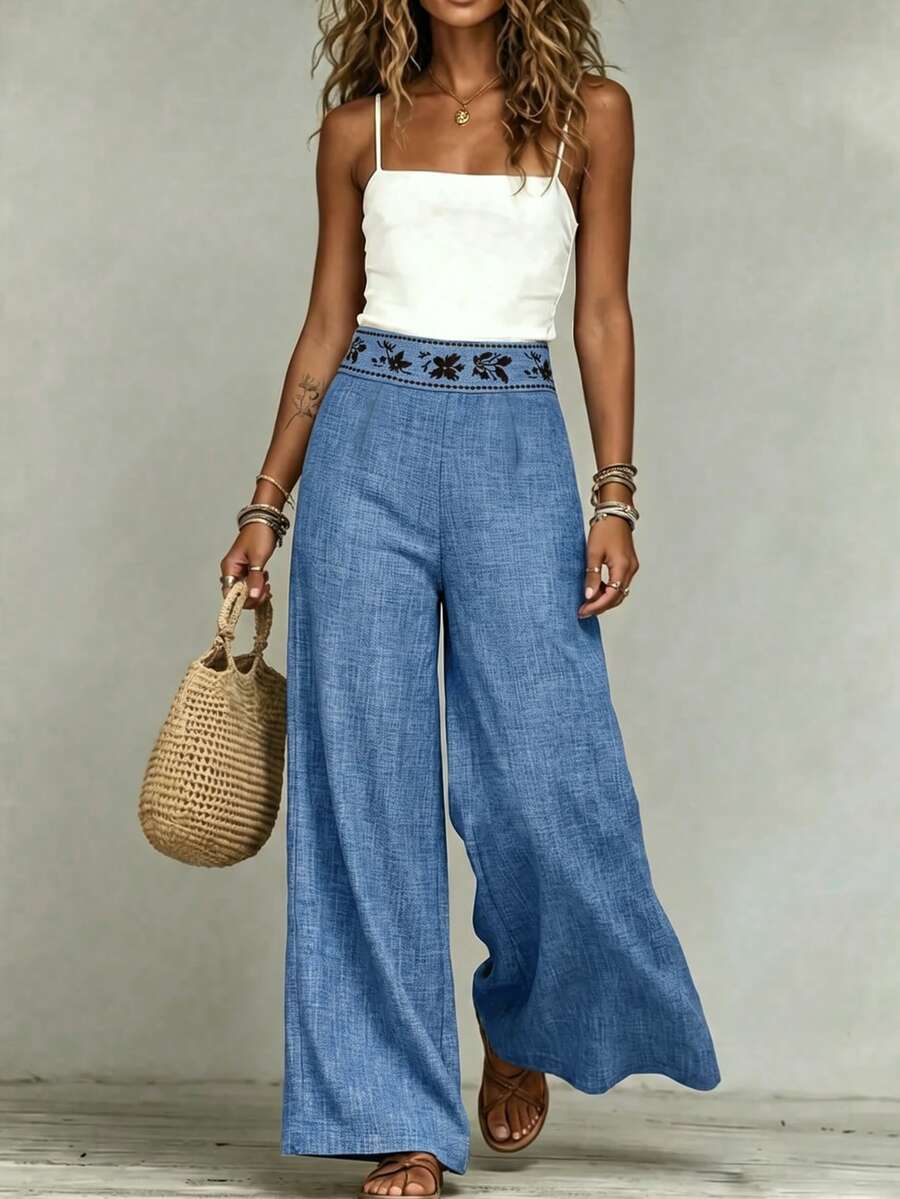 Franclia New Embroidered Cinched Waist Women's Long Pants, Spring/Summer - Blue - View 1