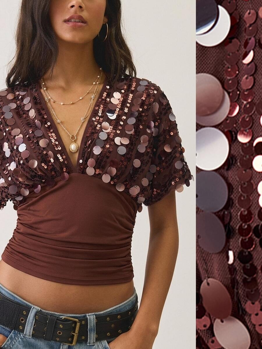 Bohemela Women's Solid Color Patchwork Sequin V-Neck Batwing Short Sleeve Fashion T-Shirt Party Club Coffee Brown Summer Sexy - Coffee Brown - View 1