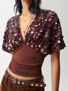 Bohemela Women's Solid Color Patchwork Sequin V-Neck Batwing Short Sleeve Fashion T-Shirt - Coffee Brown - View 3