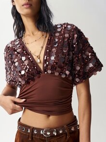 Bohemela Women's Solid Color Patchwork Sequin V-Neck Batwing Short Sleeve Fashion T-Shirt - Coffee Brown - View 5