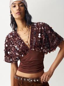 Bohemela Women's Solid Color Patchwork Sequin V-Neck Batwing Short Sleeve Fashion T-Shirt - Coffee Brown - View 4