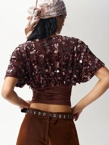 Bohemela Women's Solid Color Patchwork Sequin V-Neck Batwing Short Sleeve Fashion T-Shirt - Coffee Brown - View 9