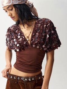 Bohemela Women's Solid Color Patchwork Sequin V-Neck Batwing Short Sleeve Fashion T-Shirt - Coffee Brown - View 6