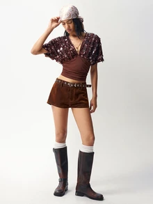 Bohemela Women's Solid Color Patchwork Sequin V-Neck Batwing Short Sleeve Fashion T-Shirt - Coffee Brown - View 8