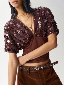 Bohemela Women's Solid Color Patchwork Sequin V-Neck Batwing Short Sleeve Fashion T-Shirt - Coffee Brown - View 7
