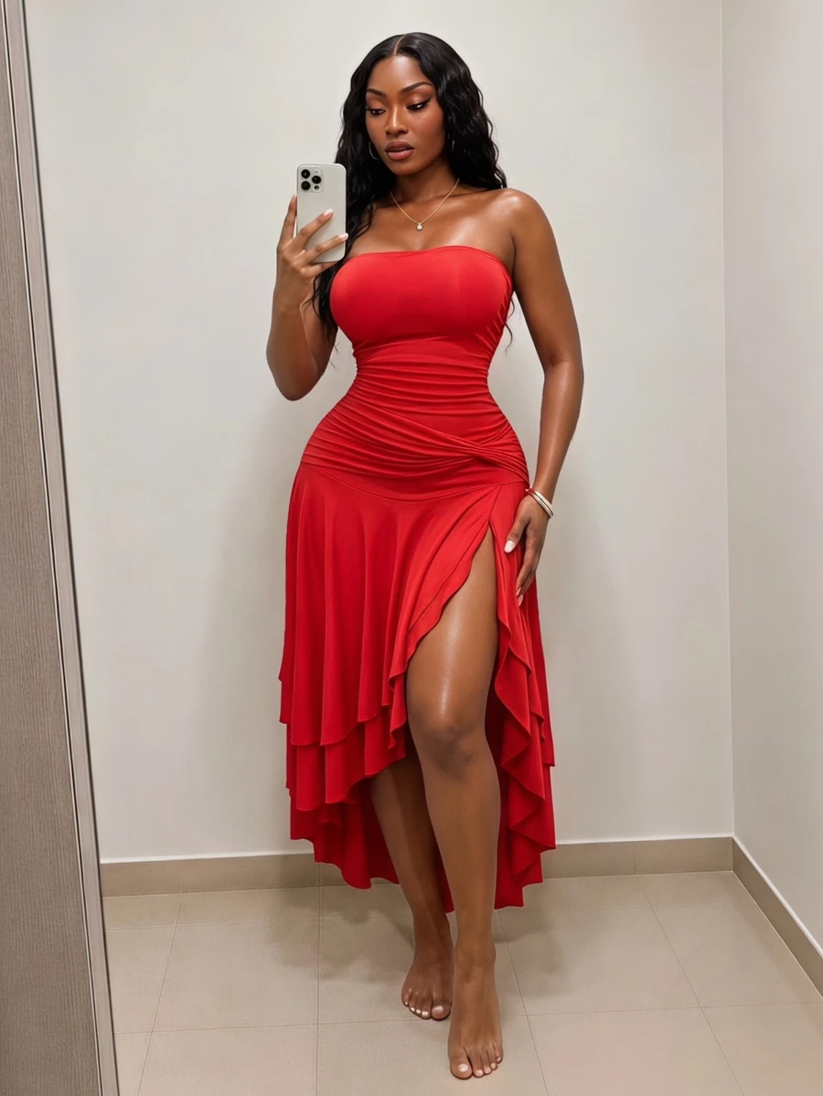 SHEIN SXY Red High Elasticity Knitted Ruffle Gathered Long Bodycon Dress - Red - View 1