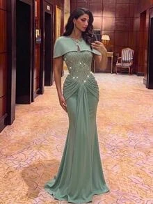 Aureia 優雅奢華珠飾亮片刺繡蕾絲泡泡拼接彈性針織緞面抓褶魚尾裙活動夾克，適合婚禮、派對、單身派對、度假、舞會、晚禮服（重工風格） - 灰藍色 - 查看 6