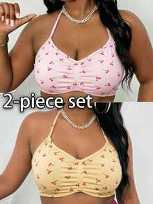 Sweetra CURVE Women's Plus Size Cherry Print Ruched Halter Neck Sports Bra - Multicolor - View 3