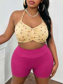 Sweetra CURVE Women's Plus Size Cherry Print Ruched Halter Neck Sports Bra - Multicolor - View 5