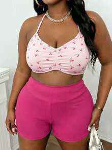 Sweetra CURVE Women's Plus Size Cherry Print Ruched Halter Neck Sports Bra - Multicolor - View 6