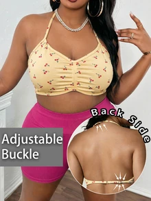 Sweetra CURVE Women's Plus Size Cherry Print Ruched Halter Neck Sports Bra - Multicolor - View 4