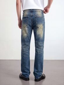 RivetRise Men's Vintage Washed Blue Horseshoe Denim Jeans, Slim Fit Stretch Micro Flare Distressed Patchwork Long Pants - Medium Wash - View 3