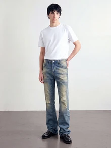 RivetRise Men's Vintage Washed Blue Horseshoe Denim Jeans, Slim Fit Stretch Micro Flare Distressed Patchwork Long Pants - Medium Wash - View 4