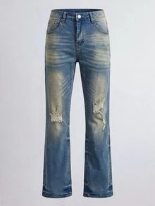 RivetRise Men's Vintage Washed Blue Horseshoe Denim Jeans, Slim Fit Stretch Micro Flare Distressed Patchwork Long Pants - Medium Wash - View 7