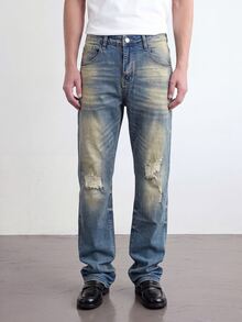 RivetRise Men's Vintage Washed Blue Horseshoe Denim Jeans, Slim Fit Stretch Micro Flare Distressed Patchwork Long Pants - Medium Wash - View 2