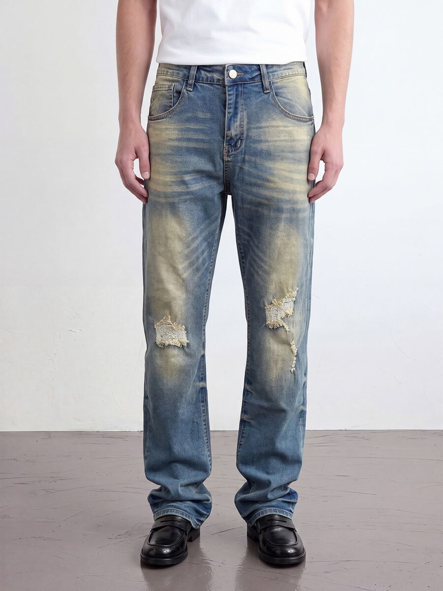 RivetRise Men's Vintage Washed Blue Horseshoe Denim Jeans, Slim Fit Stretch Micro Flare Distressed Patchwork Long Pants