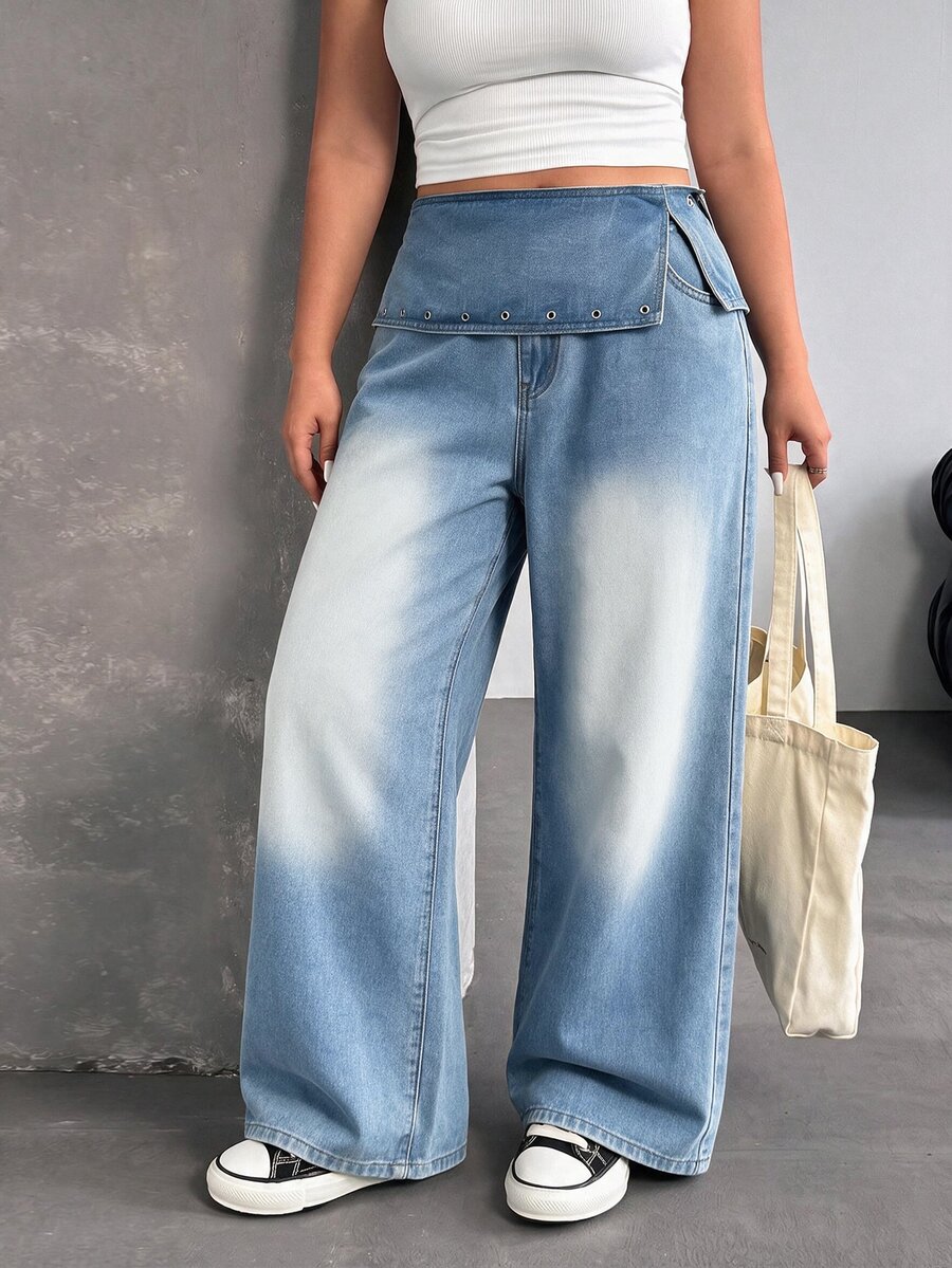 Jeanoix Y2K Plus Size Women's Outdoor Street Style Folded Waist Blue Denim Wide Leg Pants - Medium Wash - View 1