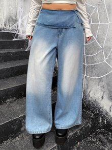Jeanoix Y2K Plus Size Women's Outdoor Street Style Folded Waist Blue Denim Wide Leg Pants - Medium Wash - View 3