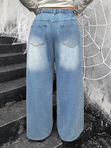Jeanoix Y2K Plus Size Women's Outdoor Street Style Folded Waist Blue Denim Wide Leg Pants - Medium Wash - View 2