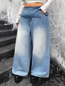 Jeanoix Y2K Plus Size Women's Outdoor Street Style Folded Waist Blue Denim Wide Leg Pants - Medium Wash - View 4