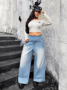 Jeanoix Y2K Plus Size Women's Outdoor Street Style Folded Waist Blue Denim Wide Leg Pants - Medium Wash - View 5