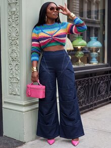 Slaydiva Plus Size Women's Jeans, Dark Blue High Waist Ruched Stacked Wide Leg Denim Pants Fall - Blue - View 8
