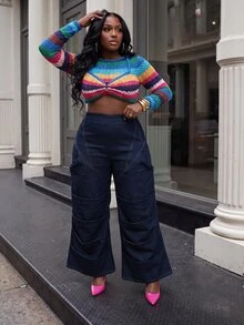 Slaydiva Plus Size Women's Jeans, Dark Blue High Waist Ruched Stacked Wide Leg Denim Pants Fall - Blue - View 12