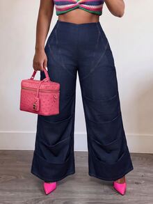 Slaydiva Plus Size Women's Jeans, Dark Blue High Waist Ruched Stacked Wide Leg Denim Pants Fall - Blue - View 2