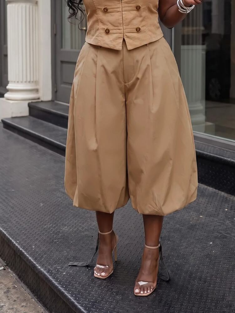 Slaydiva Casual Street Style Khaki Pleated Bubble Mid-Length Tulip Pants Plus Size 7/10 Length - Brown - View 4