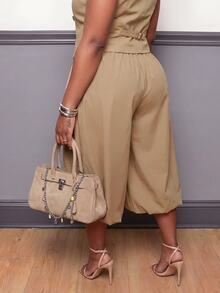 Slaydiva Casual Street Style Khaki Pleated Bubble Mid-Length Tulip Pants Plus Size 7/10 Length - Brown - View 8