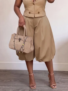 Slaydiva Casual Street Style Khaki Pleated Bubble Mid-Length Tulip Pants Plus Size 7/10 Length - Brown - View 3