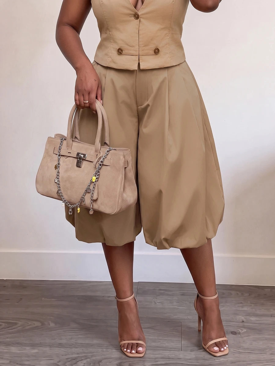 Slaydiva Casual Street Style Khaki Pleated Bubble Mid-Length Tulip Pants Plus Size 7/10 Length