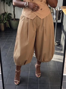 Slaydiva Casual Street Style Khaki Pleated Bubble Mid-Length Tulip Pants Plus Size 7/10 Length - Brown - View 6