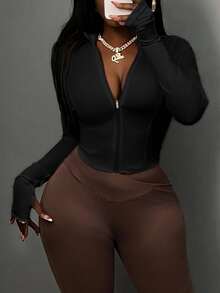 Slaydiva Simple Casual Minimalist Modest Women's Autumn-Winter Stretchy Jacket With Half-Neck Zipper And Tight Long Sleeves - B Workout Gym Black - Black - View 4