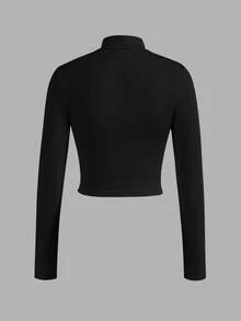 Slaydiva Simple Casual Minimalist Modest Women's Autumn-Winter Stretchy Jacket With Half-Neck Zipper And Tight Long Sleeves - B Workout Gym Black - Black - View 3