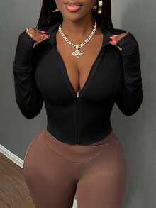 Slaydiva Simple Casual Minimalist Modest Women's Autumn-Winter Stretchy Jacket With Half-Neck Zipper And Tight Long Sleeves - B Workout Gym Black - Black - View 5