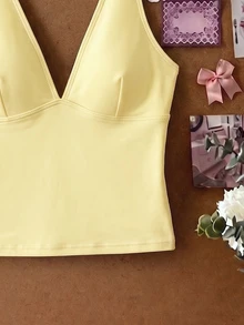 Elavelle 女款春夏隨機印花深V領背心比基尼上衣 - 彩色 - 查看 6