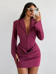 Sirith Women's Elegant Sexy Burgundy Pleated Long Sleeve Dress Night Out Autumn - Redwood - View 3
