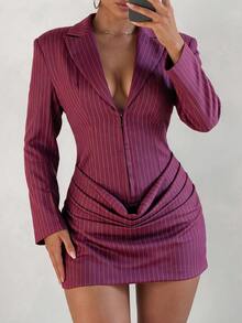 Sirith Women's Elegant Sexy Burgundy Pleated Long Sleeve Dress Night Out Autumn - Redwood - View 9