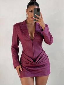 Sirith Women's Elegant Sexy Burgundy Pleated Long Sleeve Dress Night Out Autumn - Redwood - View 8