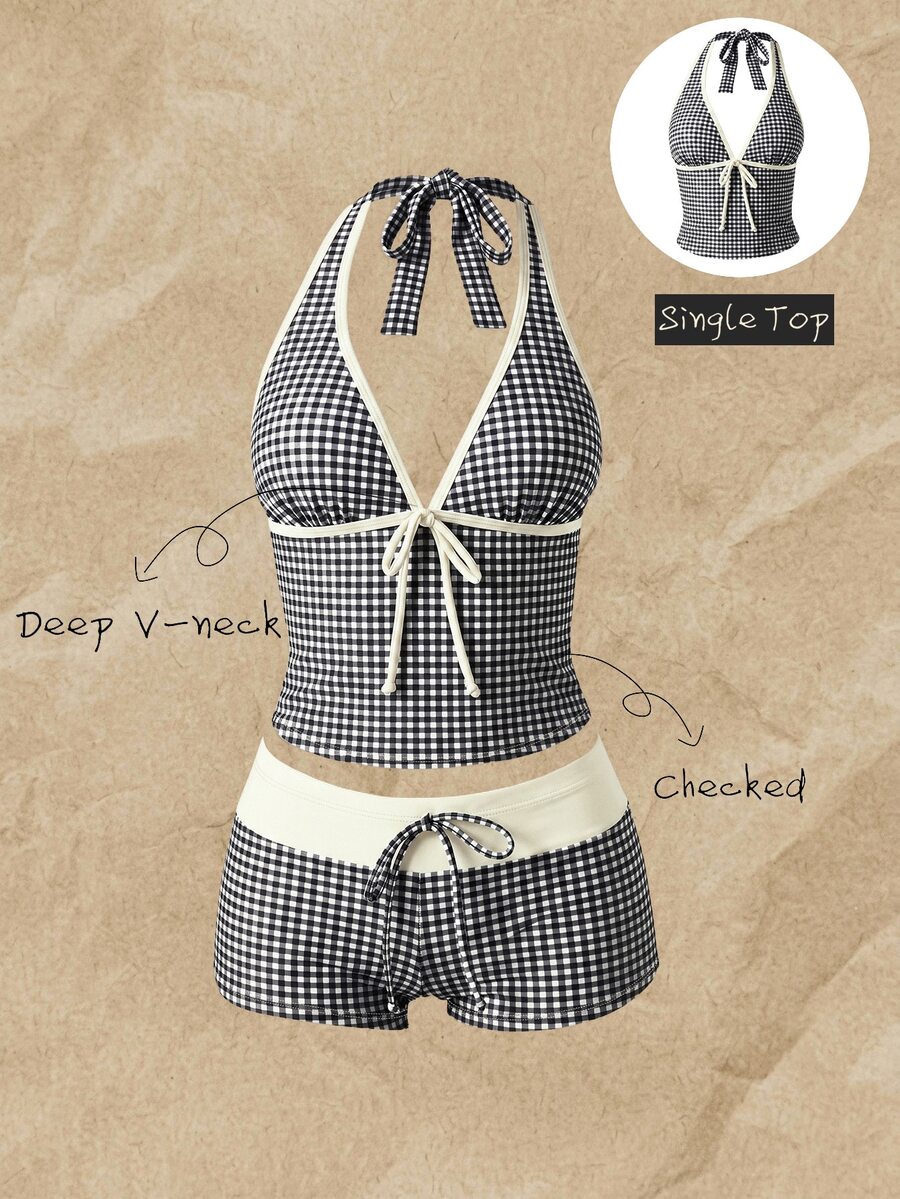 SHEIN Swim 女款春夏隨機印花細肩帶蝴蝶結比基尼上衣 - 彩色 - 查看 1