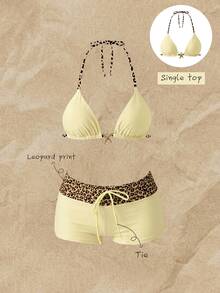 SHEIN Swim Women's Spring/Summer Random Print Halter Bikini Top - Multicolor - View 1