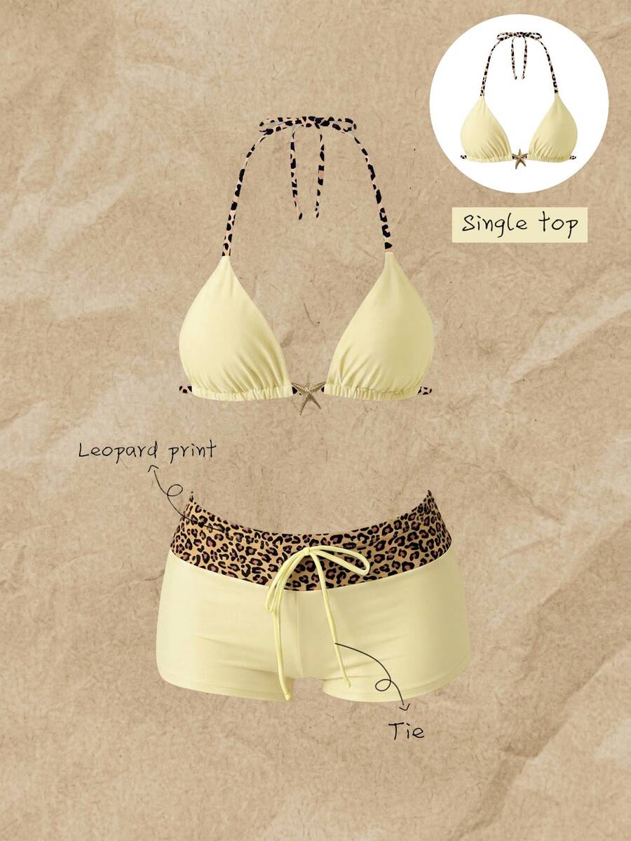 SHEIN Swim Women's Spring/Summer Random Print Halter Bikini Top - Multicolor - View 1