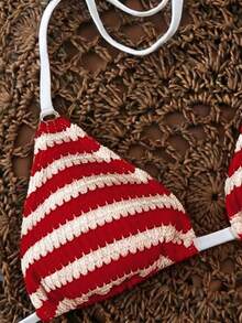 SHEIN Swim Top de bikini con escote halter y tiras de tela jacquard para mujer, para primavera/verano - Multicolor - Ver 4
