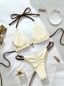 SHEIN Swim Ropa de playa para mujer Springbreak, conjuntos de verano para mujer, conjunto de bikini sexy de tirantes finos de unicolor - Multicolor - Ver 2