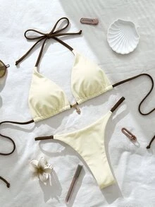 SHEIN Swim Ropa de playa para mujer Springbreak, conjuntos de verano para mujer, conjunto de bikini sexy de tirantes finos de unicolor - Multicolor - Ver 3